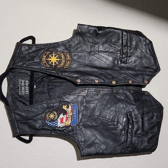 Leather Patchwork Italian Stone Design Genuine Navarre Motorcycle Vest - Picture 1 of 10